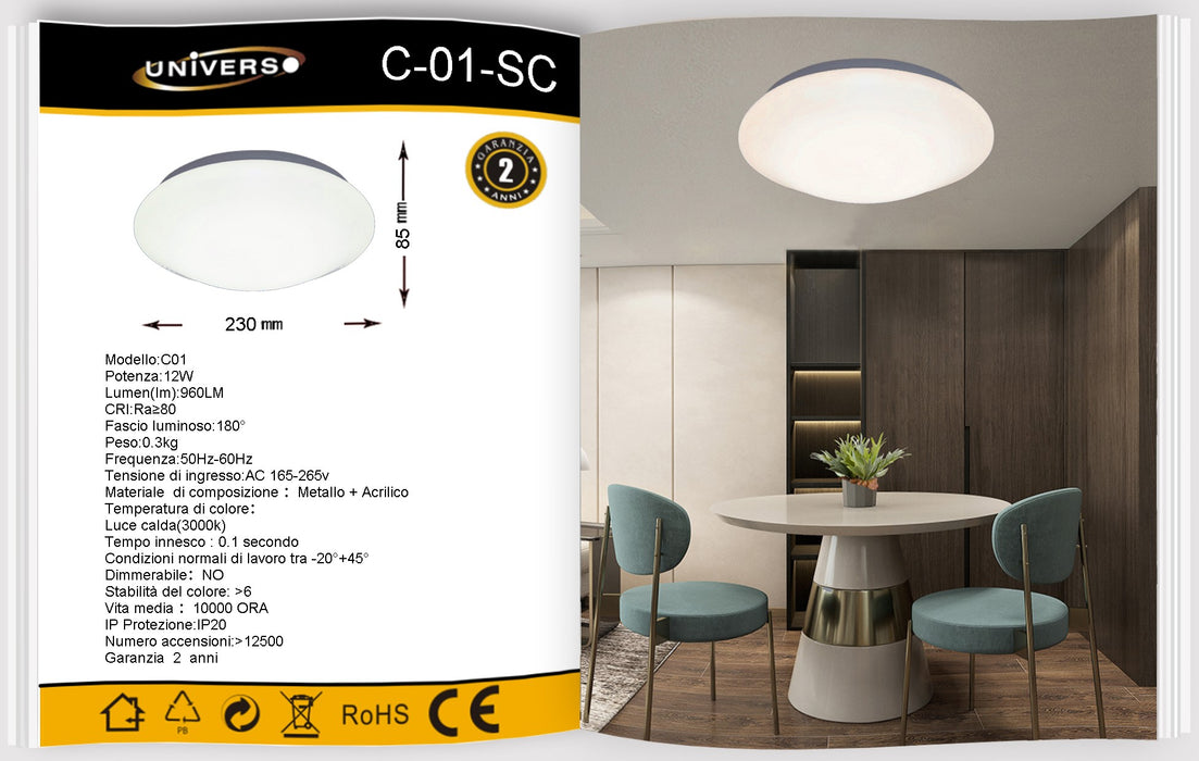 Plafoniera Led Rotonda da Soffitto Minimo Consumo 12W C01