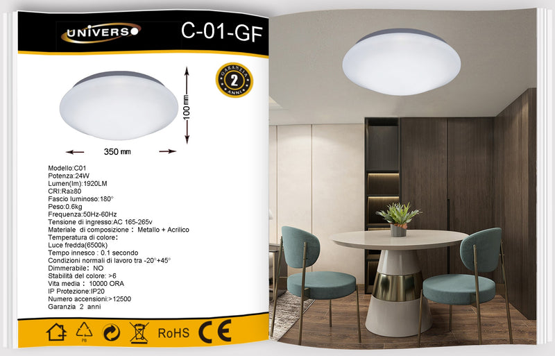 Plafoniera Led Rotonda da Soffitto Minimo Consumo 24W C01