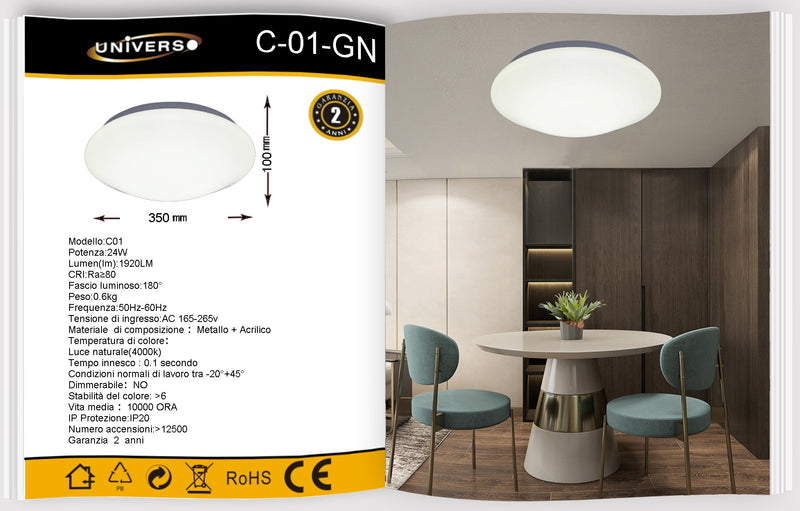 Plafoniera Led Rotonda da Soffitto Minimo Consumo 24W C01