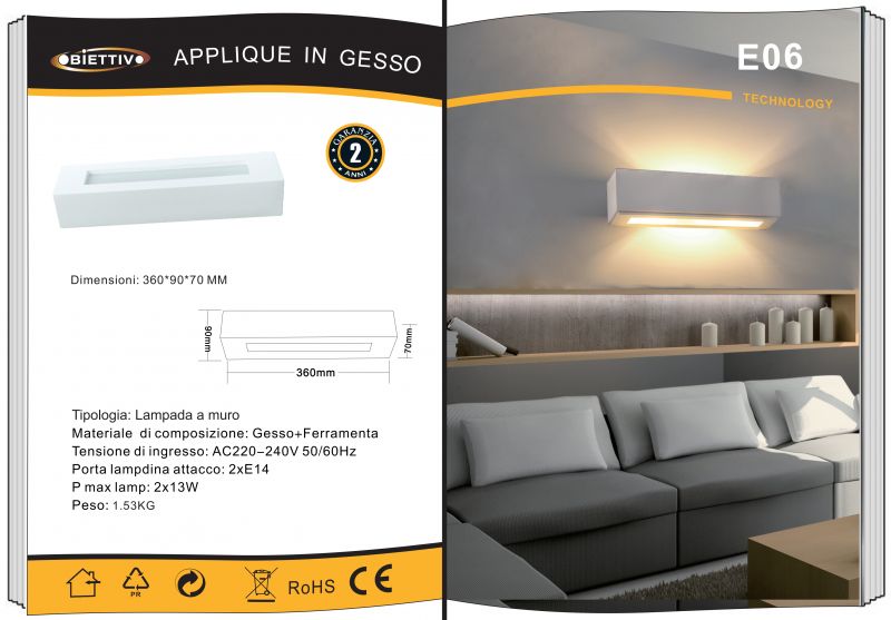 Applique in Gesso Bianco Led a Forma di Rettangolo E14 E06