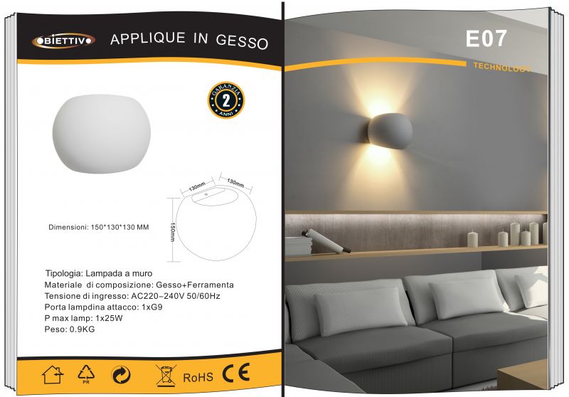 Applique in Gesso Bianco Led a Forma di Sfera G9 E07